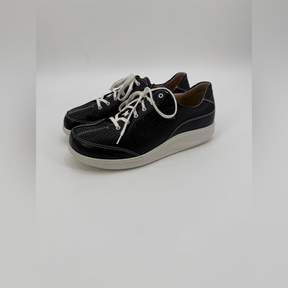 Finn Comfort Black Leather Sneakers Comfort Walking Shoes Lace-Up Perforated - Picture 12 of 16